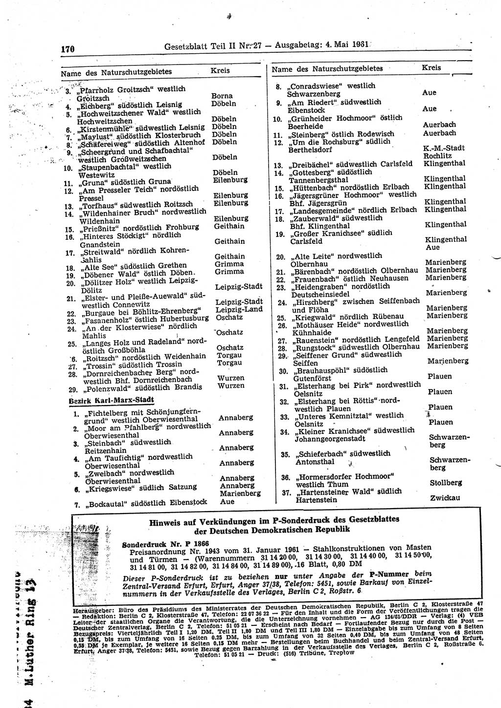Gesetzblatt (GBl.) der Deutschen Demokratischen Republik (DDR) Teil ⅠⅠ 1961, Seite 170 (GBl. DDR ⅠⅠ 1961, S. 170)