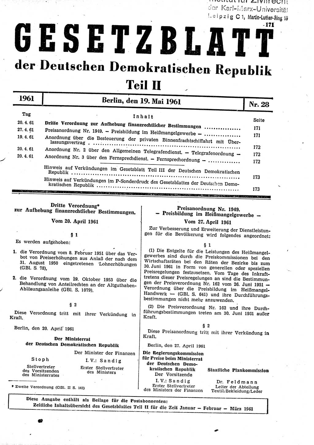 Gesetzblatt (GBl.) der Deutschen Demokratischen Republik (DDR) Teil ⅠⅠ 1961, Seite 171 (GBl. DDR ⅠⅠ 1961, S. 171)