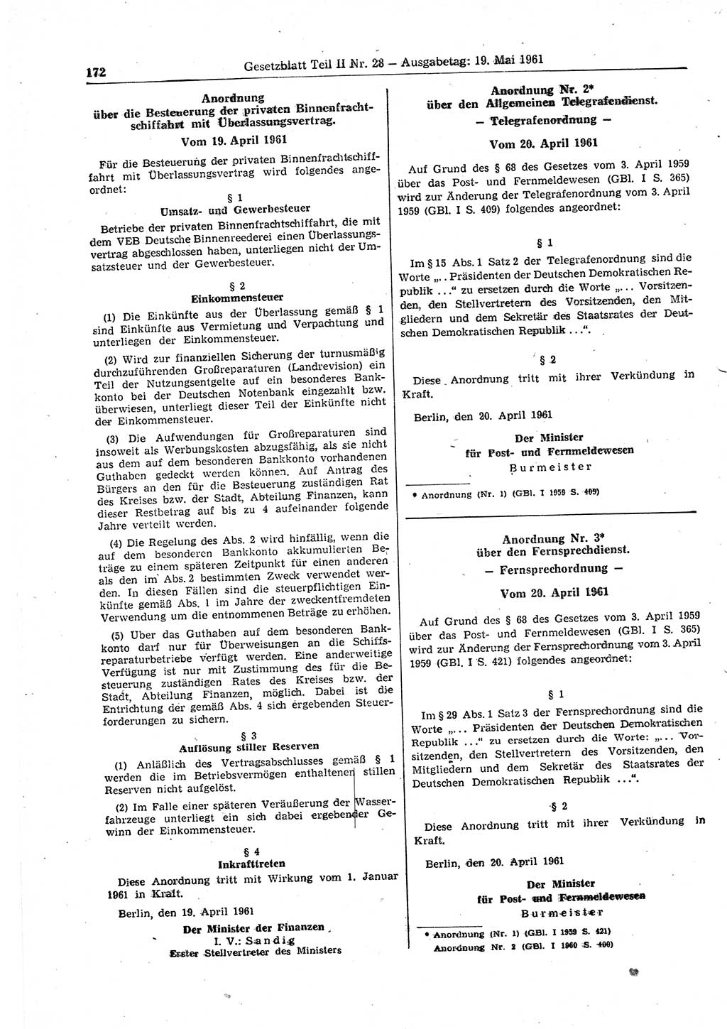 Gesetzblatt (GBl.) der Deutschen Demokratischen Republik (DDR) Teil ⅠⅠ 1961, Seite 172 (GBl. DDR ⅠⅠ 1961, S. 172)
