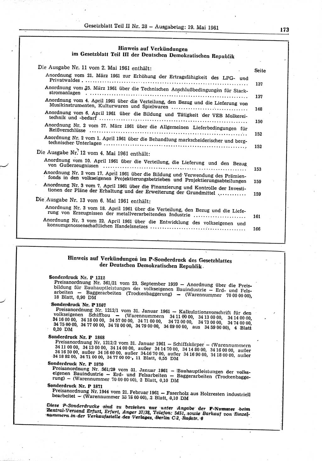 Gesetzblatt (GBl.) der Deutschen Demokratischen Republik (DDR) Teil ⅠⅠ 1961, Seite 173 (GBl. DDR ⅠⅠ 1961, S. 173)