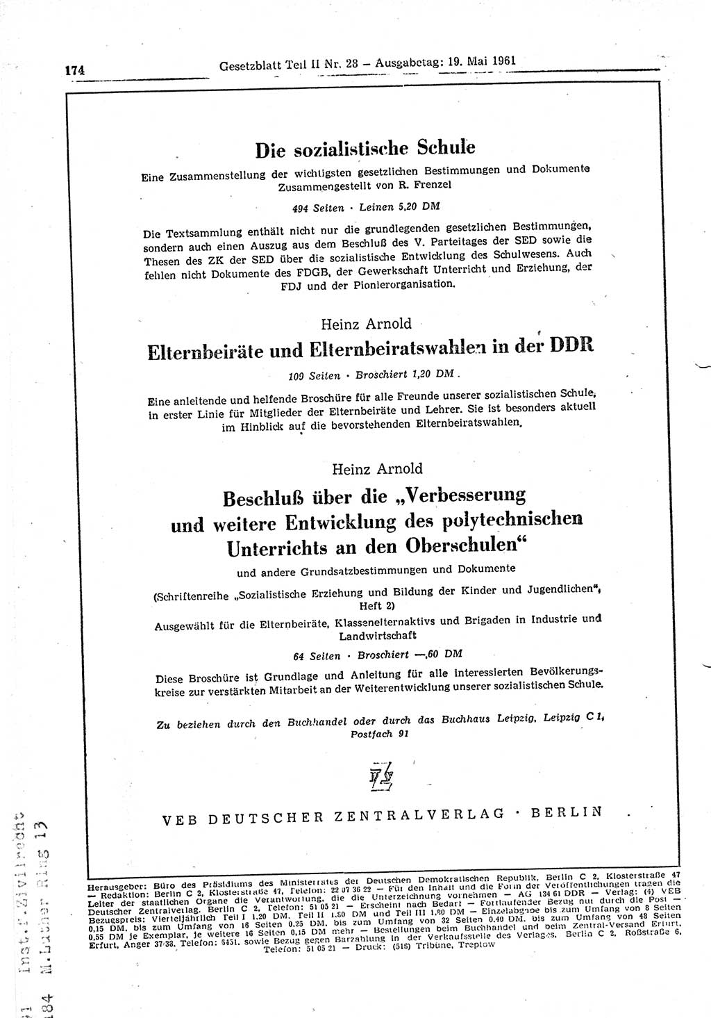 Gesetzblatt (GBl.) der Deutschen Demokratischen Republik (DDR) Teil ⅠⅠ 1961, Seite 174 (GBl. DDR ⅠⅠ 1961, S. 174)