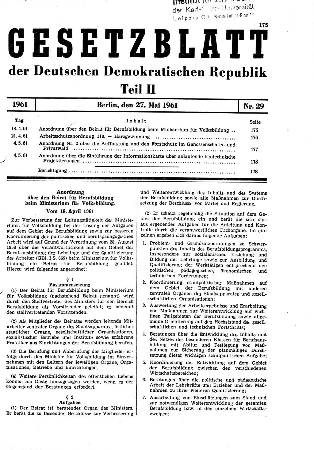 Gesetzblatt (GBl.) der Deutschen Demokratischen Republik (DDR) Teil ⅠⅠ 1961, Seite 175 (GBl. DDR ⅠⅠ 1961, S. 175)
