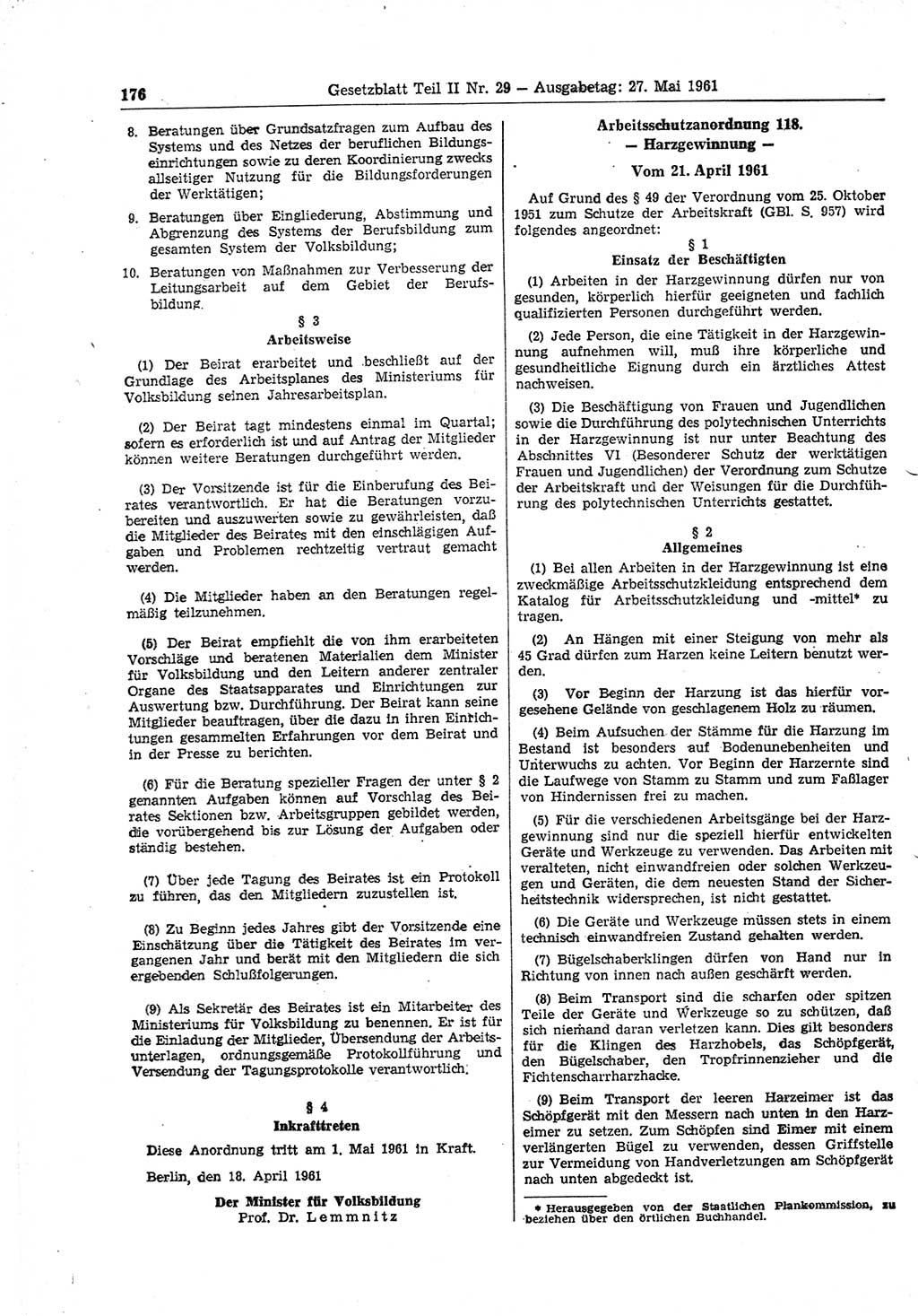 Gesetzblatt (GBl.) der Deutschen Demokratischen Republik (DDR) Teil ⅠⅠ 1961, Seite 176 (GBl. DDR ⅠⅠ 1961, S. 176)