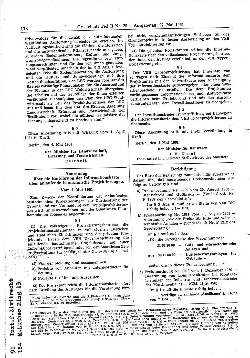 Gesetzblatt (GBl.) der Deutschen Demokratischen Republik (DDR) Teil ⅠⅠ 1961, Seite 178 (GBl. DDR ⅠⅠ 1961, S. 178)