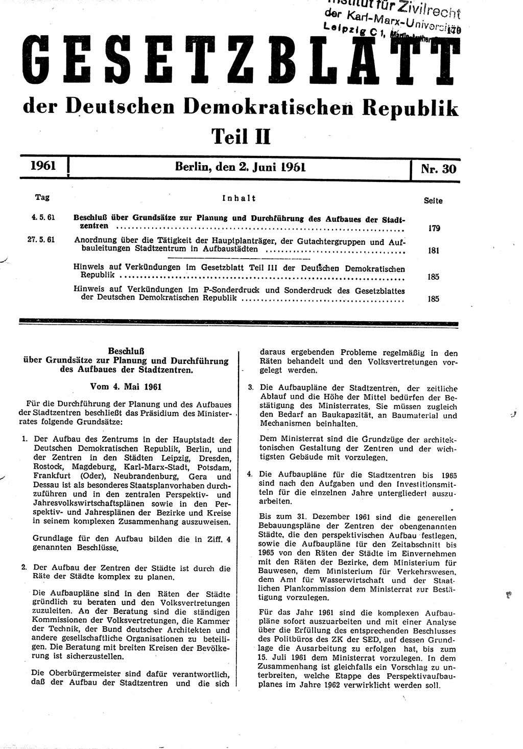 Gesetzblatt (GBl.) der Deutschen Demokratischen Republik (DDR) Teil ⅠⅠ 1961, Seite 179 (GBl. DDR ⅠⅠ 1961, S. 179)