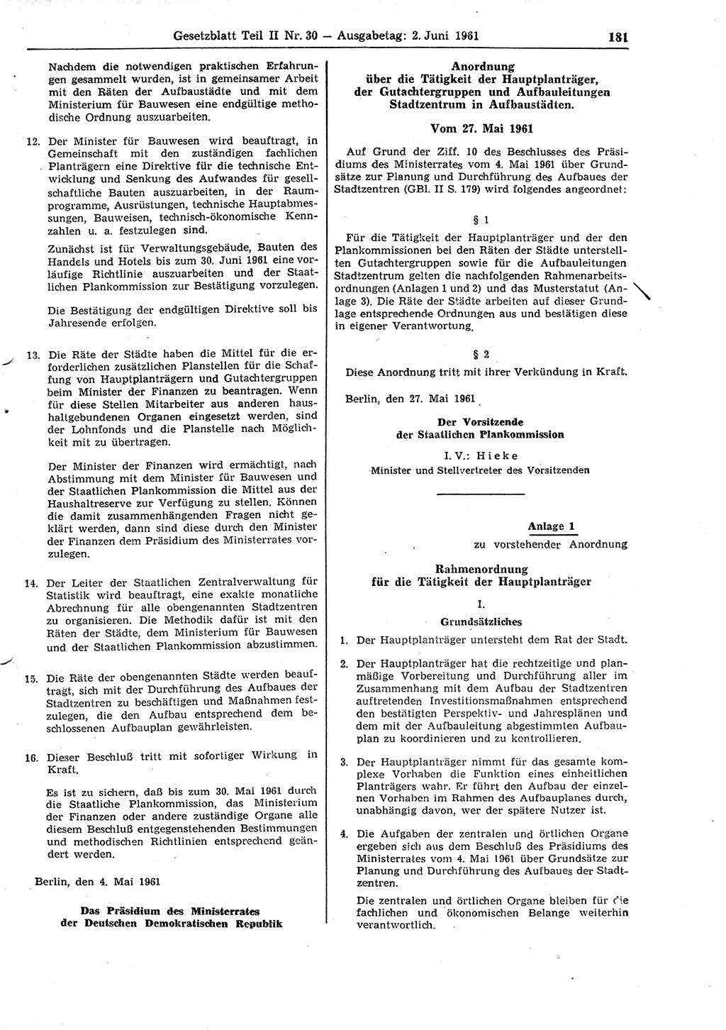 Gesetzblatt (GBl.) der Deutschen Demokratischen Republik (DDR) Teil ⅠⅠ 1961, Seite 181 (GBl. DDR ⅠⅠ 1961, S. 181)
