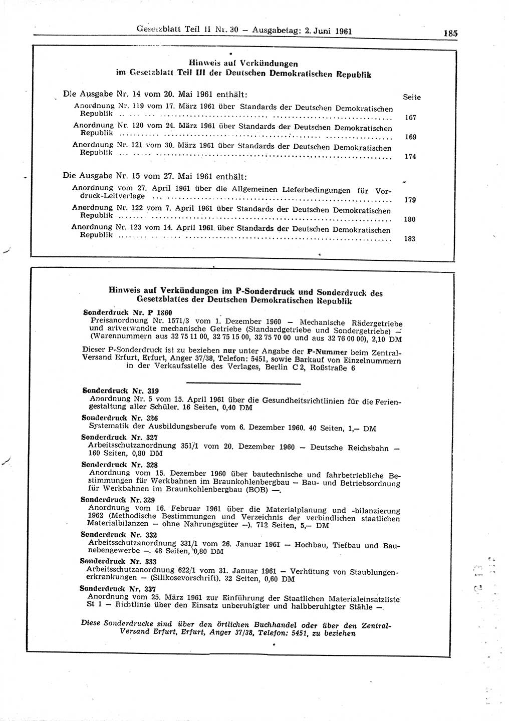 Gesetzblatt (GBl.) der Deutschen Demokratischen Republik (DDR) Teil ⅠⅠ 1961, Seite 185 (GBl. DDR ⅠⅠ 1961, S. 185)