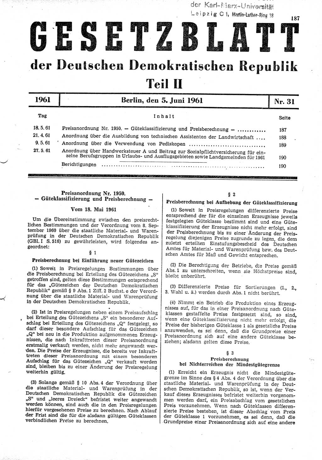 Gesetzblatt (GBl.) der Deutschen Demokratischen Republik (DDR) Teil ⅠⅠ 1961, Seite 187 (GBl. DDR ⅠⅠ 1961, S. 187)