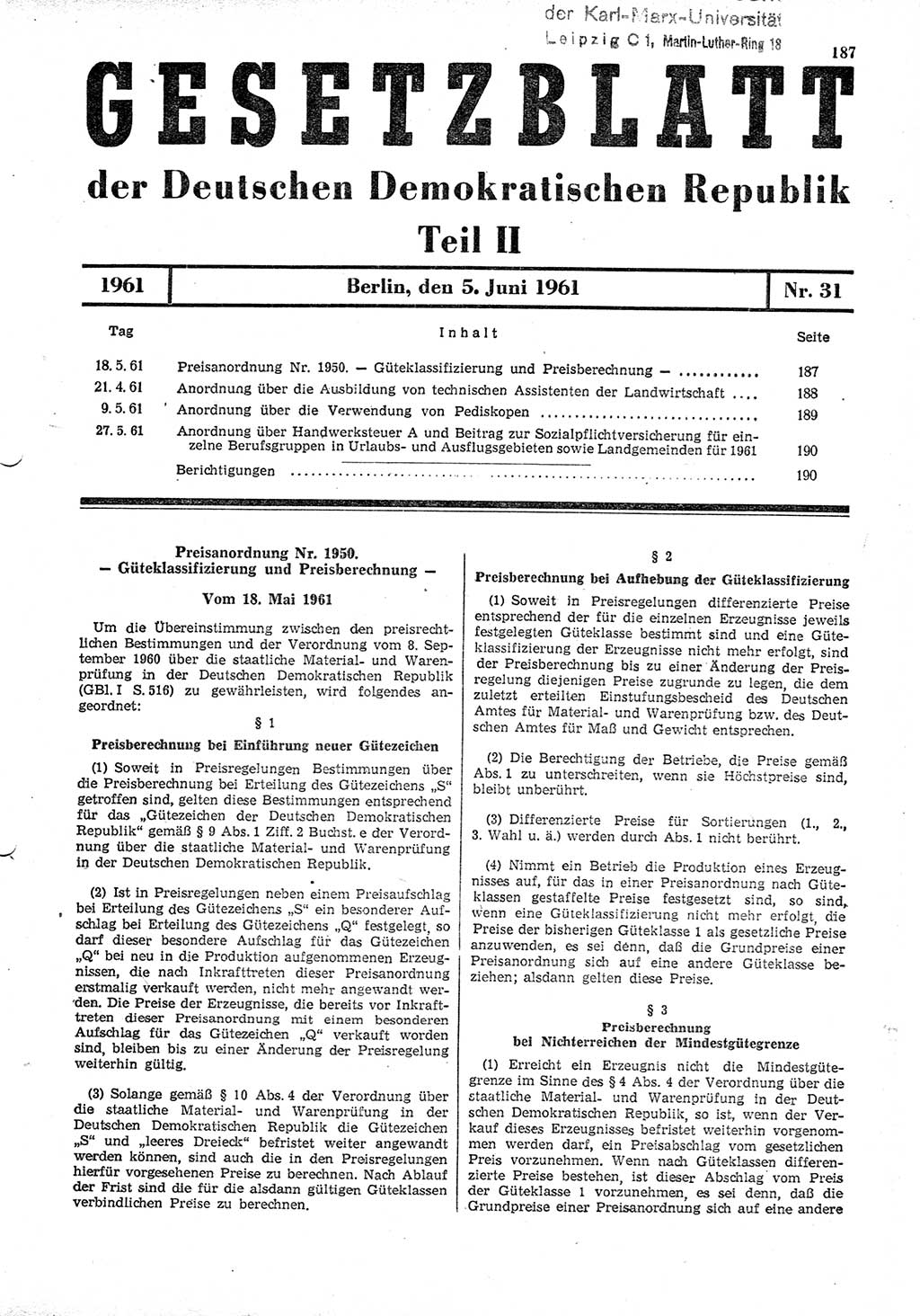 Gesetzblatt (GBl.) der Deutschen Demokratischen Republik (DDR) Teil ⅠⅠ 1961, Seite 187 (GBl. DDR ⅠⅠ 1961, S. 187)