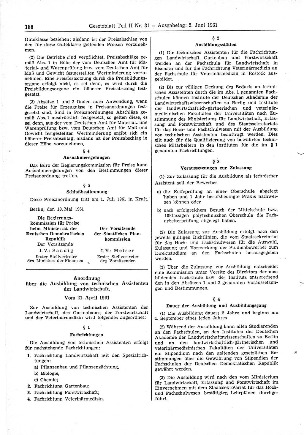 Gesetzblatt (GBl.) der Deutschen Demokratischen Republik (DDR) Teil ⅠⅠ 1961, Seite 188 (GBl. DDR ⅠⅠ 1961, S. 188)
