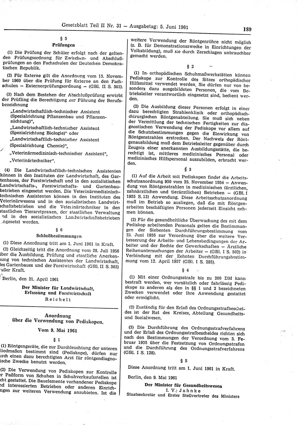 Gesetzblatt (GBl.) der Deutschen Demokratischen Republik (DDR) Teil ⅠⅠ 1961, Seite 189 (GBl. DDR ⅠⅠ 1961, S. 189)