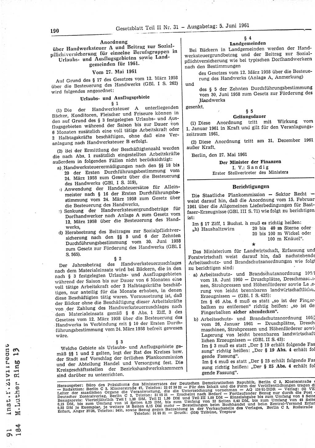 Gesetzblatt (GBl.) der Deutschen Demokratischen Republik (DDR) Teil ⅠⅠ 1961, Seite 190 (GBl. DDR ⅠⅠ 1961, S. 190)