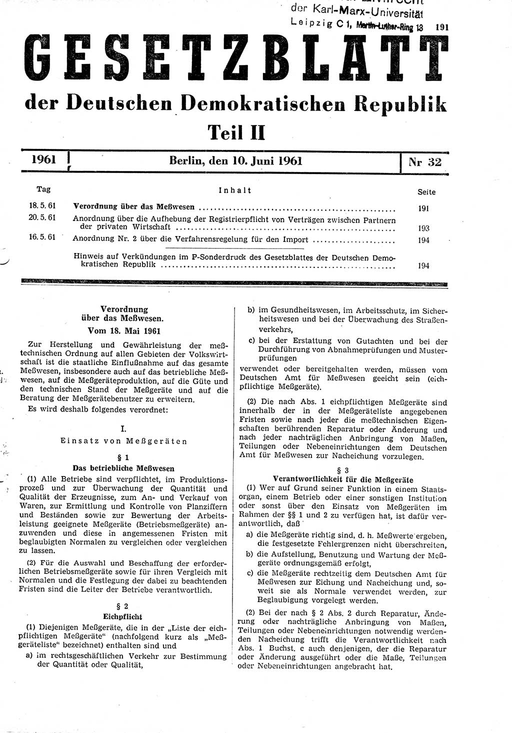 Gesetzblatt (GBl.) der Deutschen Demokratischen Republik (DDR) Teil ⅠⅠ 1961, Seite 191 (GBl. DDR ⅠⅠ 1961, S. 191)