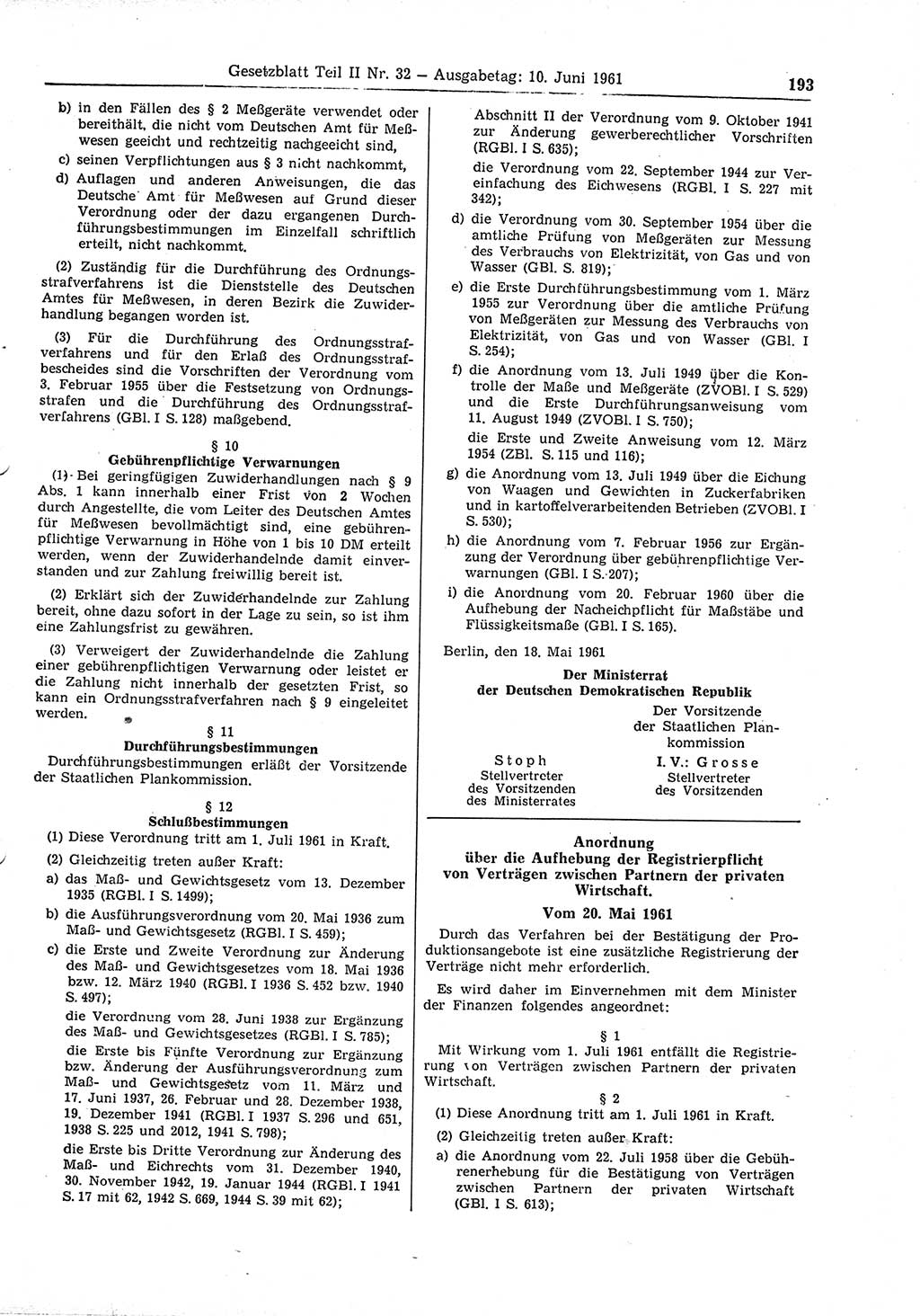 Gesetzblatt (GBl.) der Deutschen Demokratischen Republik (DDR) Teil ⅠⅠ 1961, Seite 193 (GBl. DDR ⅠⅠ 1961, S. 193)