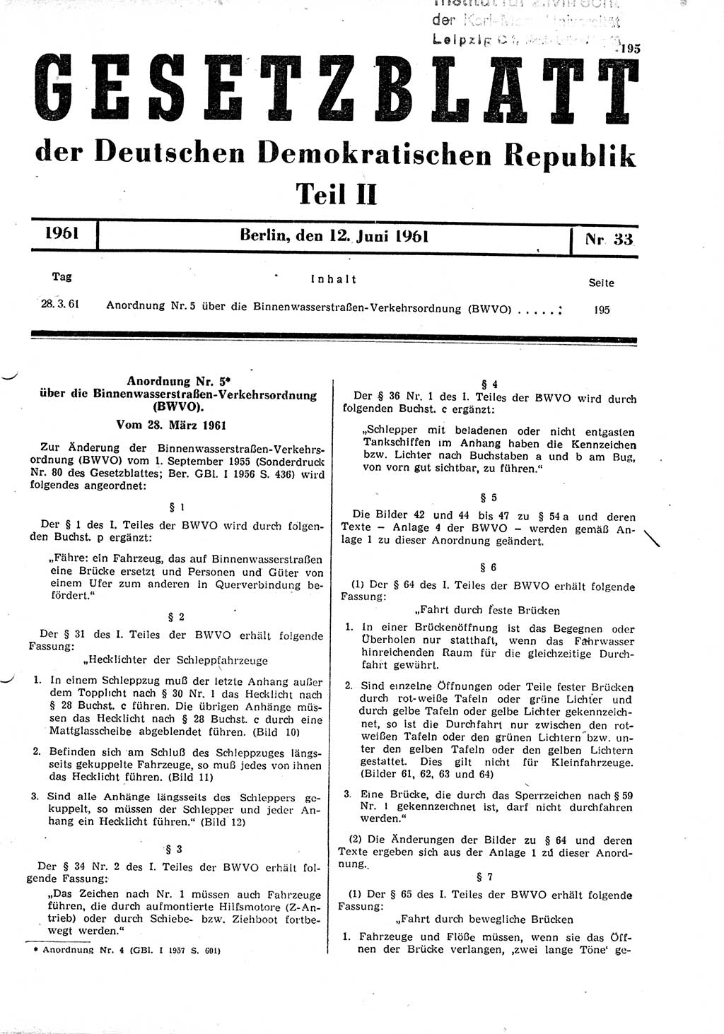 Gesetzblatt (GBl.) der Deutschen Demokratischen Republik (DDR) Teil ⅠⅠ 1961, Seite 195 (GBl. DDR ⅠⅠ 1961, S. 195)