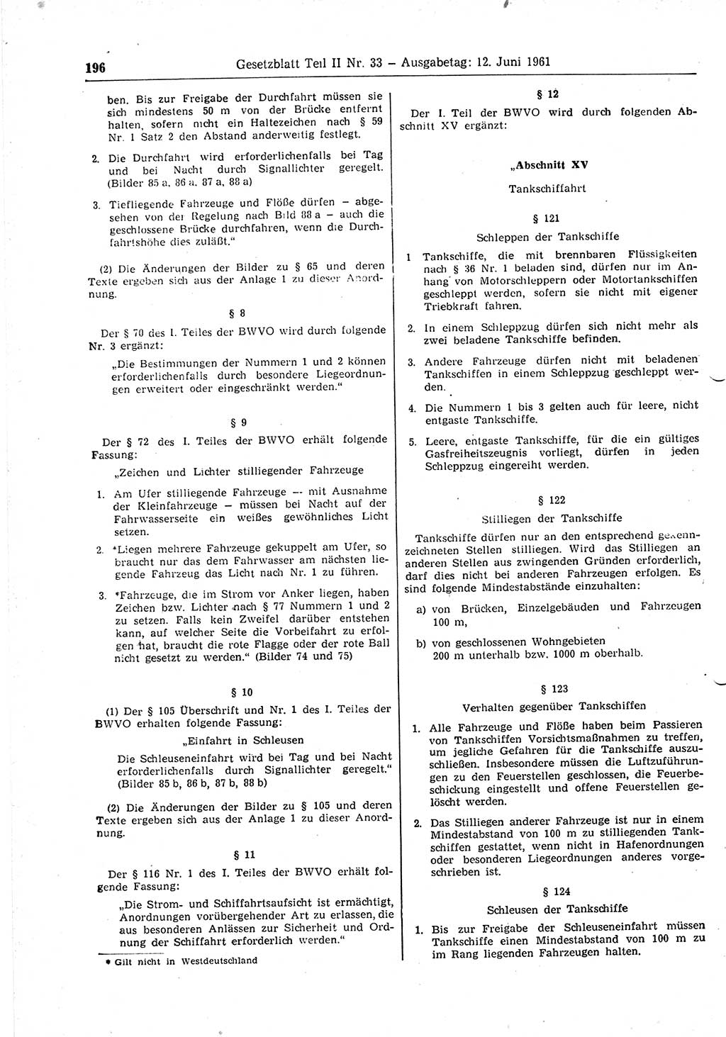 Gesetzblatt (GBl.) der Deutschen Demokratischen Republik (DDR) Teil ⅠⅠ 1961, Seite 196 (GBl. DDR ⅠⅠ 1961, S. 196)