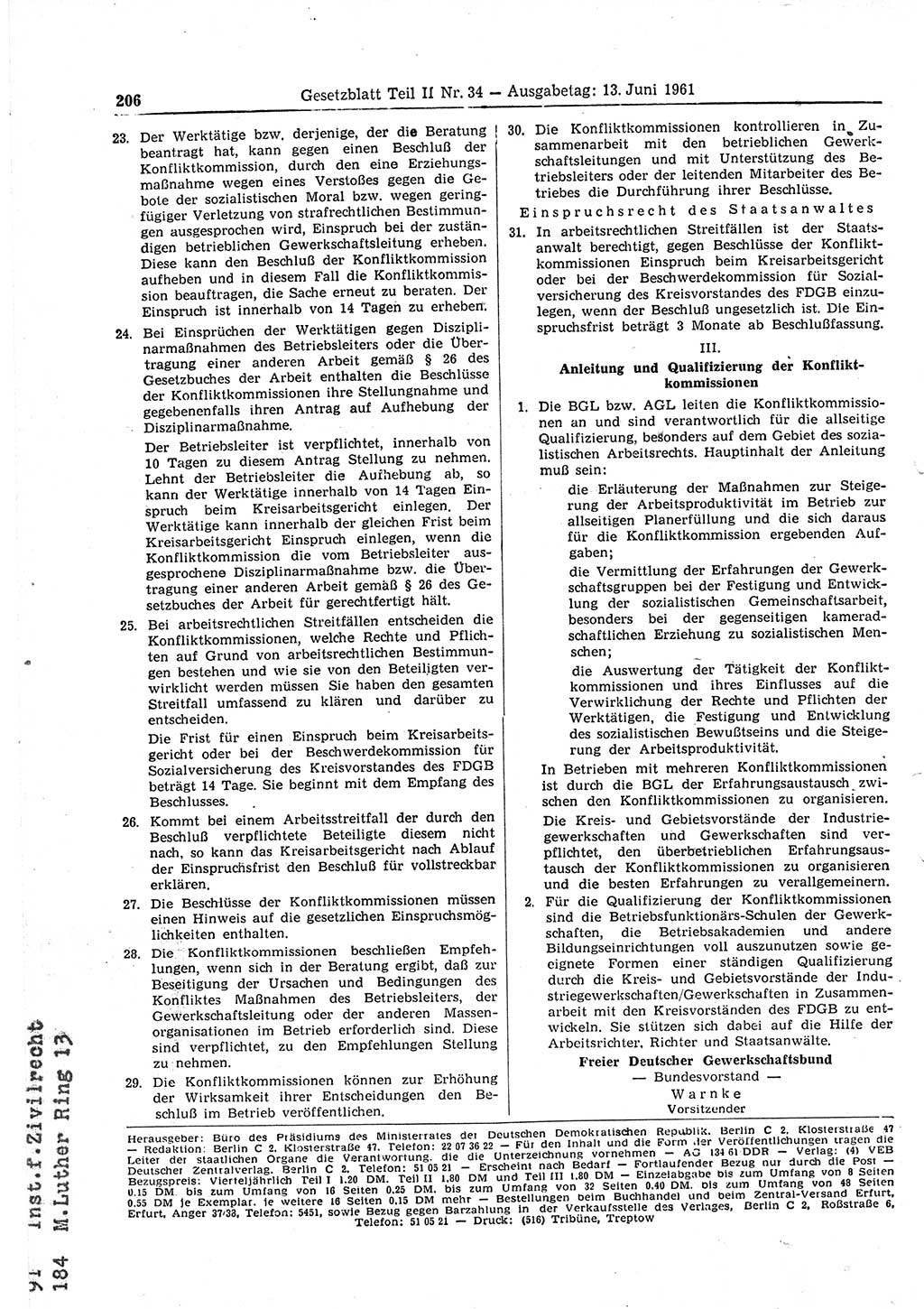 Gesetzblatt (GBl.) der Deutschen Demokratischen Republik (DDR) Teil ⅠⅠ 1961, Seite 206 (GBl. DDR ⅠⅠ 1961, S. 206)