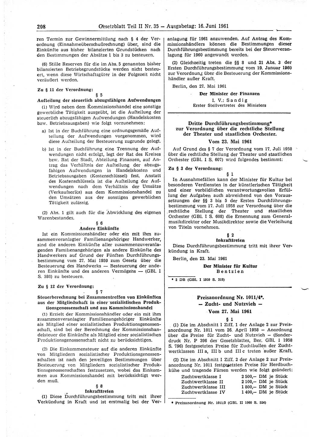 Gesetzblatt (GBl.) der Deutschen Demokratischen Republik (DDR) Teil ⅠⅠ 1961, Seite 208 (GBl. DDR ⅠⅠ 1961, S. 208)