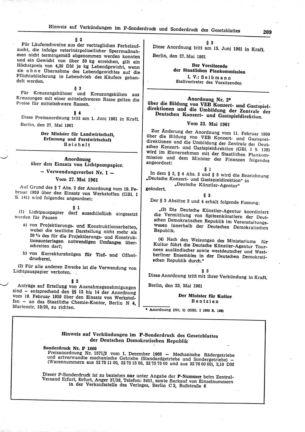 Gesetzblatt (GBl.) der Deutschen Demokratischen Republik (DDR) Teil ⅠⅠ 1961, Seite 209 (GBl. DDR ⅠⅠ 1961, S. 209)