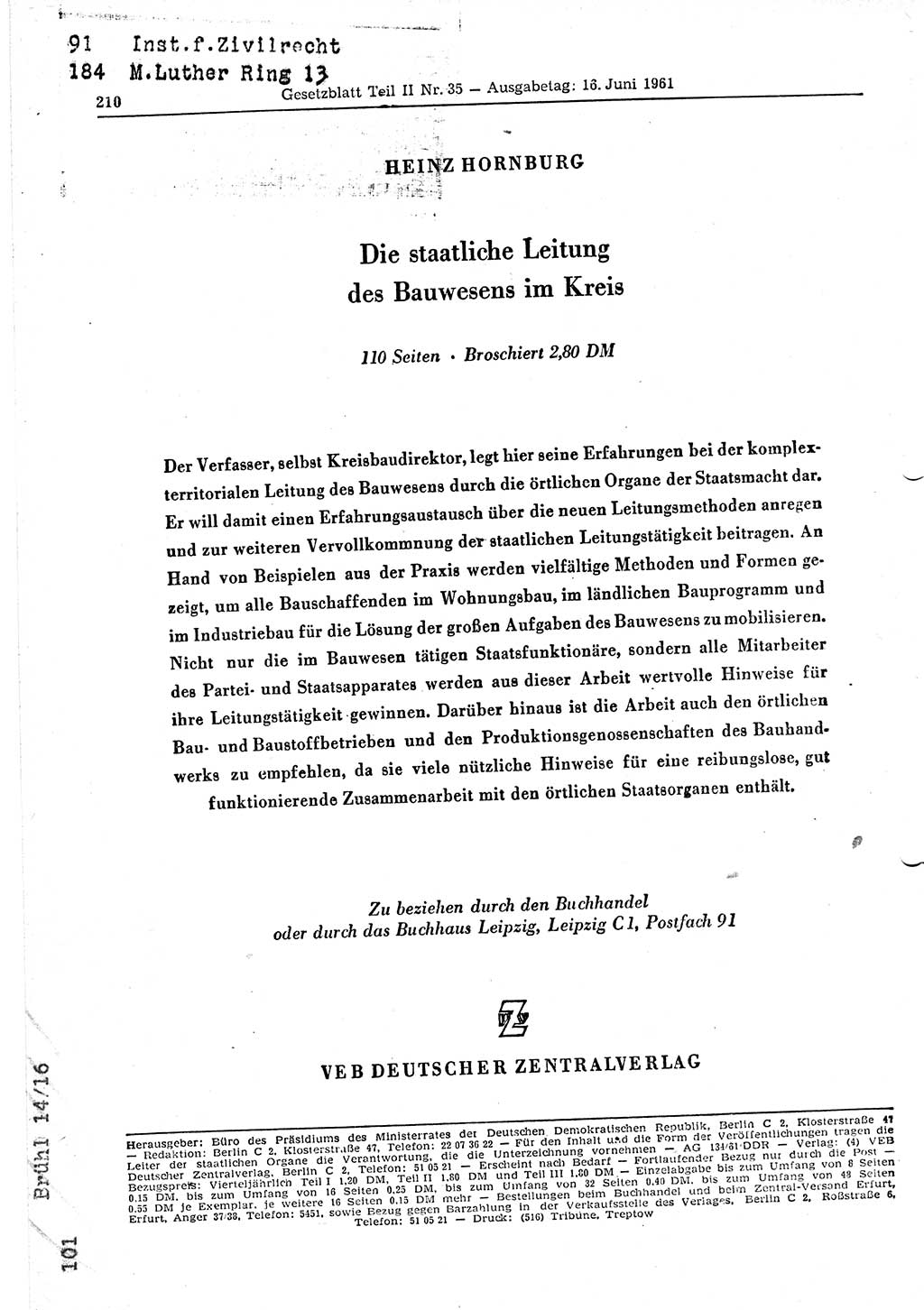 Gesetzblatt (GBl.) der Deutschen Demokratischen Republik (DDR) Teil ⅠⅠ 1961, Seite 210 (GBl. DDR ⅠⅠ 1961, S. 210)