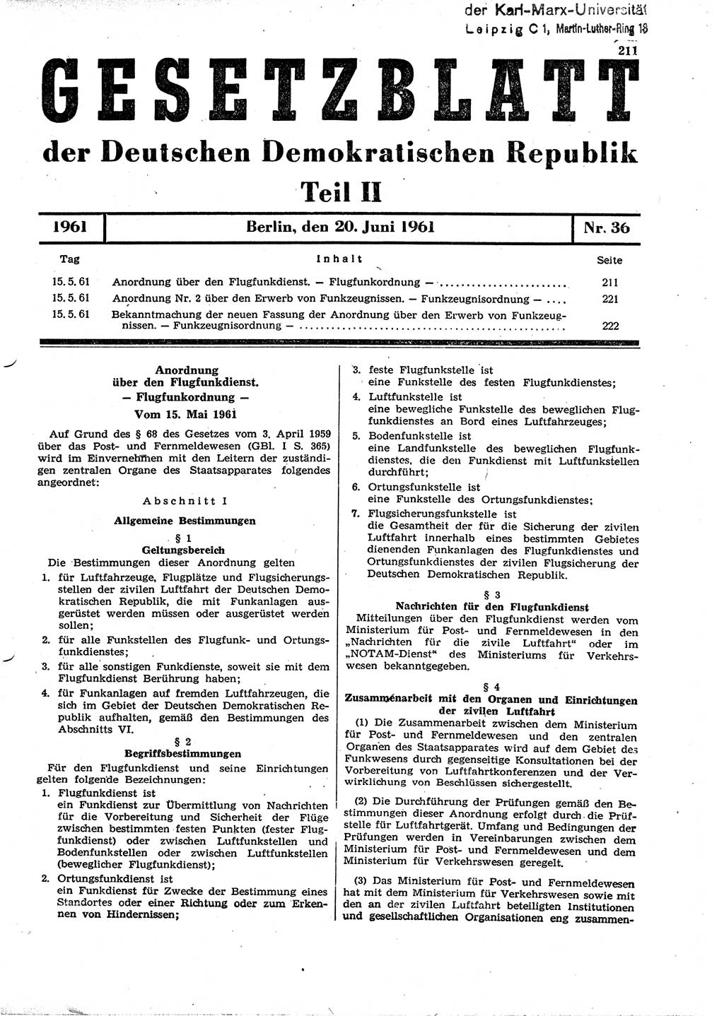 Gesetzblatt (GBl.) der Deutschen Demokratischen Republik (DDR) Teil ⅠⅠ 1961, Seite 211 (GBl. DDR ⅠⅠ 1961, S. 211)