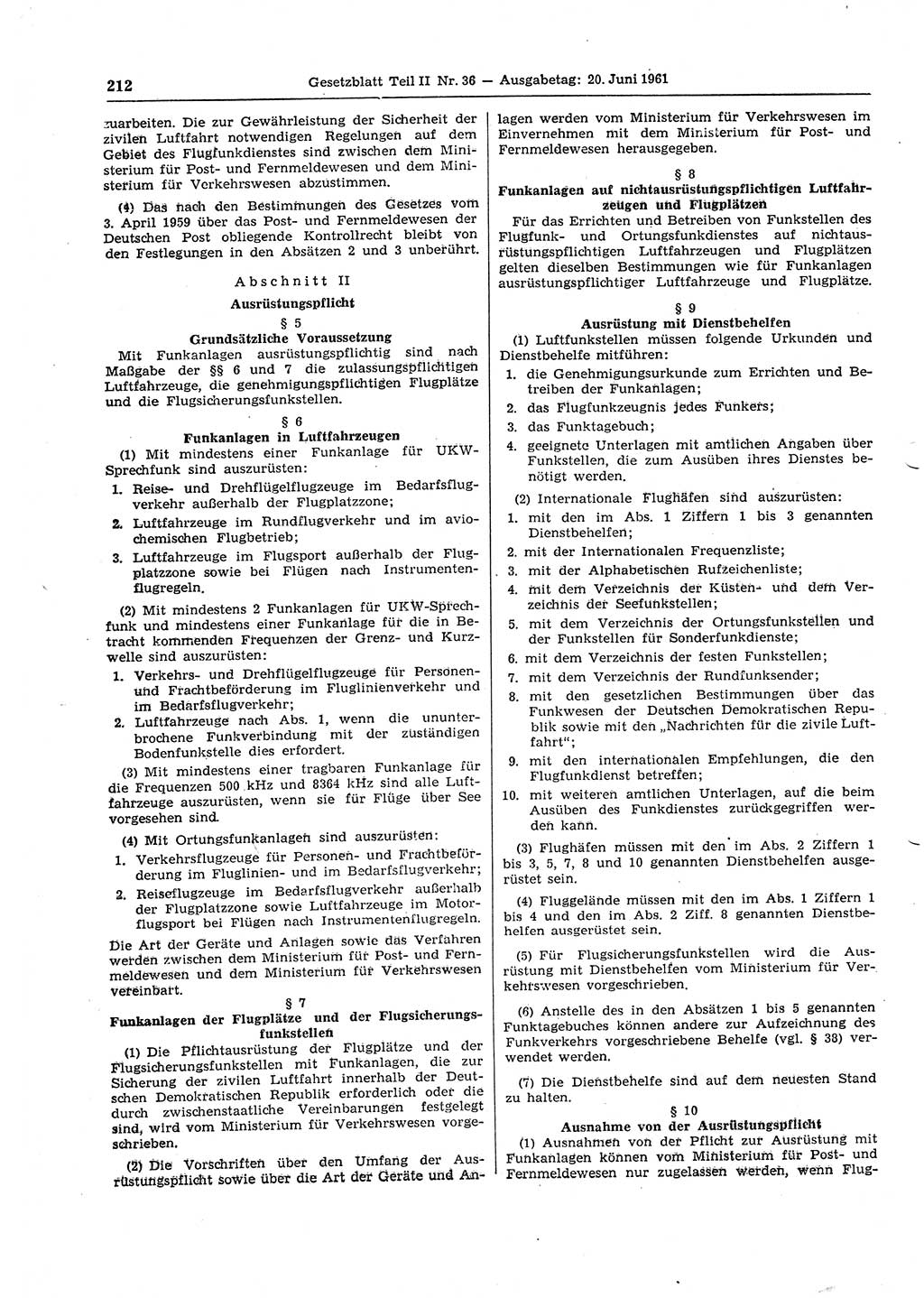Gesetzblatt (GBl.) der Deutschen Demokratischen Republik (DDR) Teil ⅠⅠ 1961, Seite 212 (GBl. DDR ⅠⅠ 1961, S. 212)