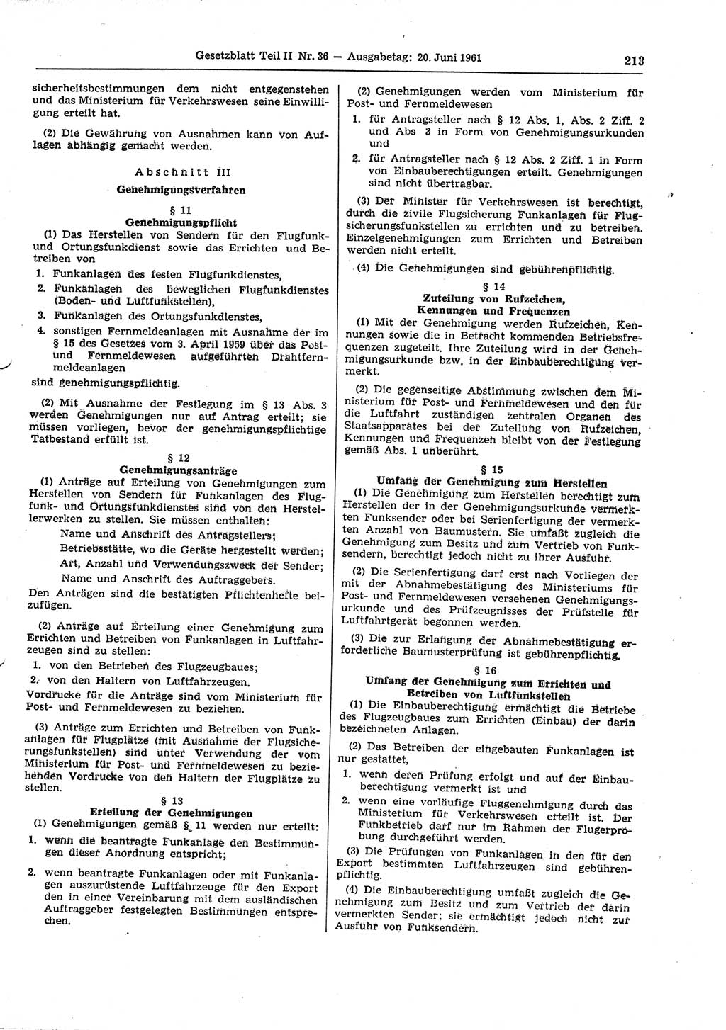 Gesetzblatt (GBl.) der Deutschen Demokratischen Republik (DDR) Teil ⅠⅠ 1961, Seite 213 (GBl. DDR ⅠⅠ 1961, S. 213)