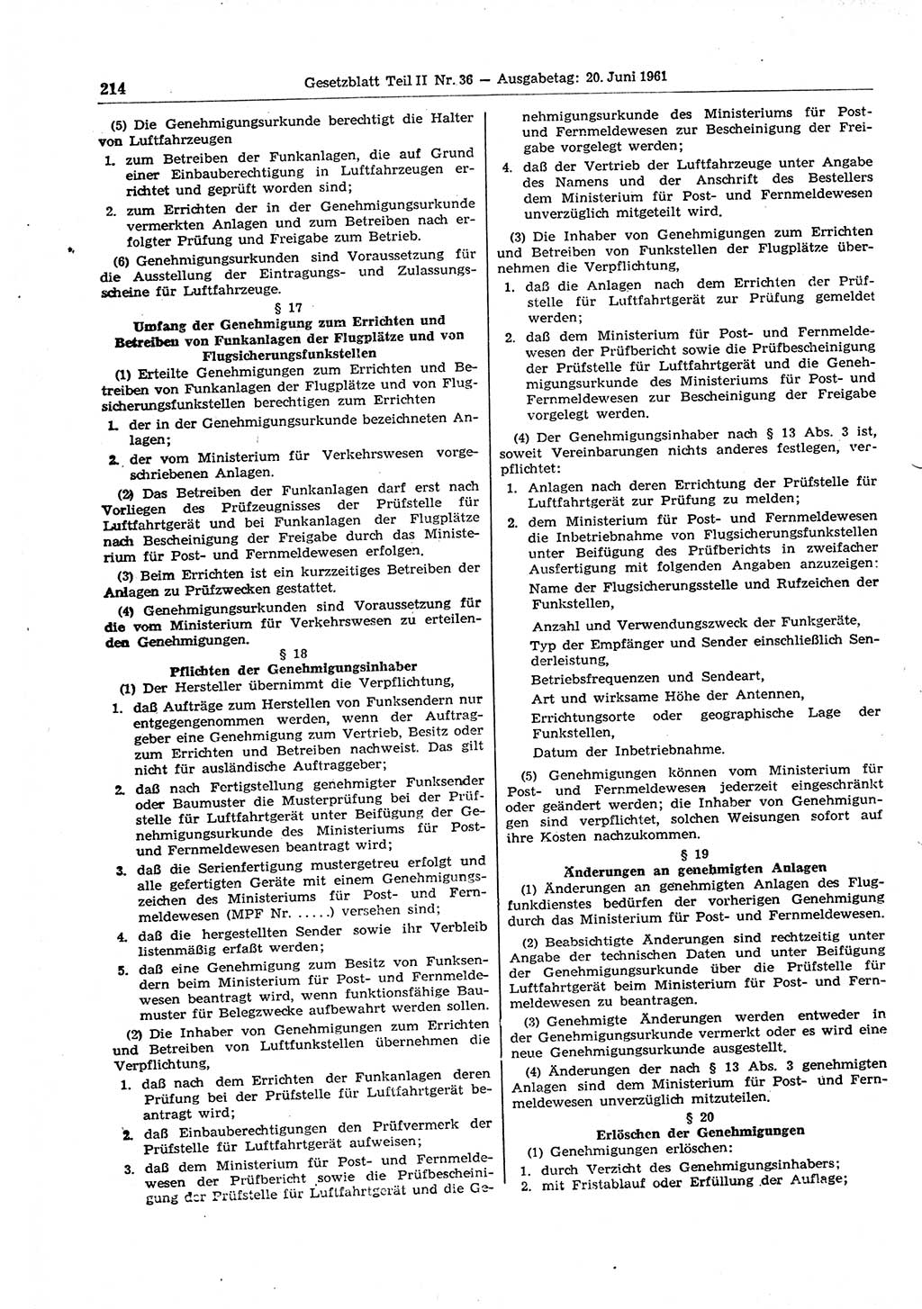 Gesetzblatt (GBl.) der Deutschen Demokratischen Republik (DDR) Teil ⅠⅠ 1961, Seite 214 (GBl. DDR ⅠⅠ 1961, S. 214)