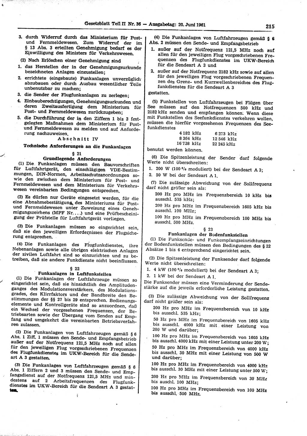 Gesetzblatt (GBl.) der Deutschen Demokratischen Republik (DDR) Teil ⅠⅠ 1961, Seite 215 (GBl. DDR ⅠⅠ 1961, S. 215)