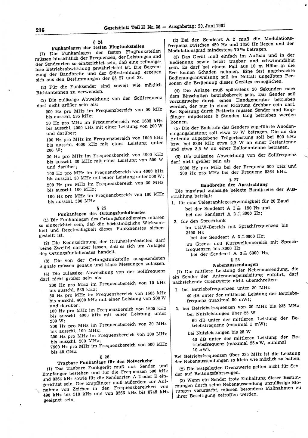 Gesetzblatt (GBl.) der Deutschen Demokratischen Republik (DDR) Teil ⅠⅠ 1961, Seite 216 (GBl. DDR ⅠⅠ 1961, S. 216)