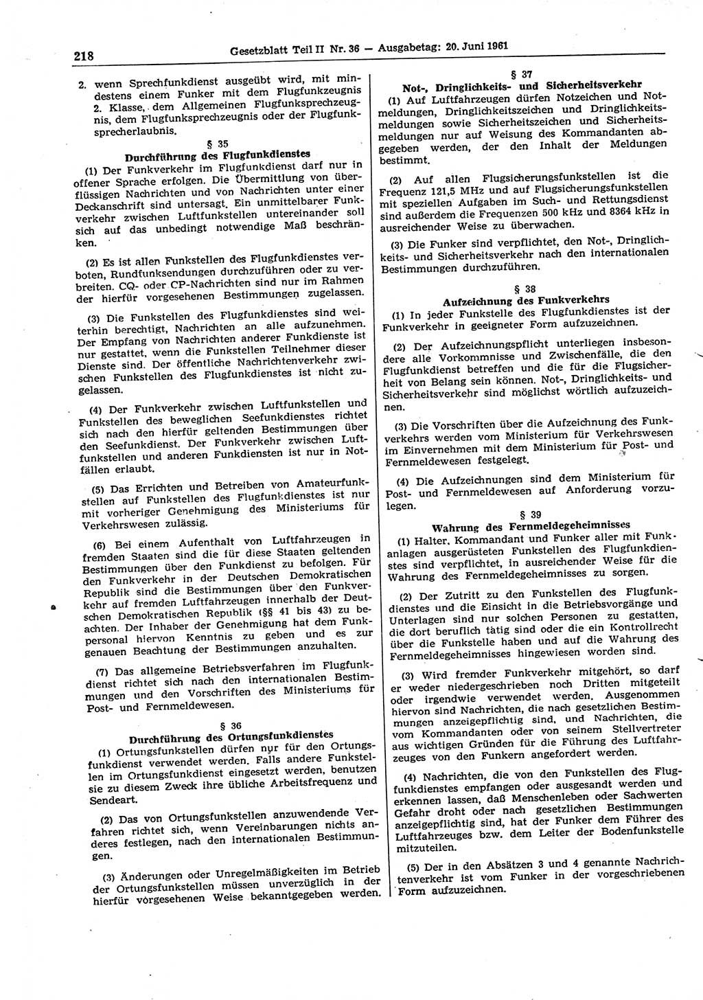 Gesetzblatt (GBl.) der Deutschen Demokratischen Republik (DDR) Teil ⅠⅠ 1961, Seite 218 (GBl. DDR ⅠⅠ 1961, S. 218)