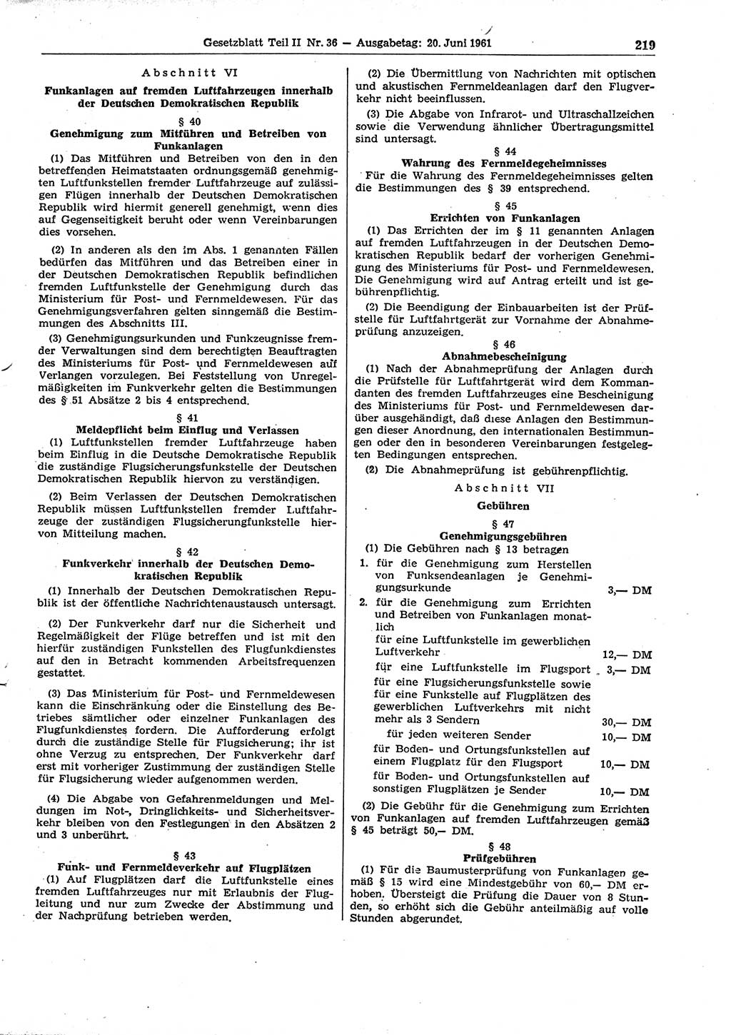 Gesetzblatt (GBl.) der Deutschen Demokratischen Republik (DDR) Teil ⅠⅠ 1961, Seite 219 (GBl. DDR ⅠⅠ 1961, S. 219)