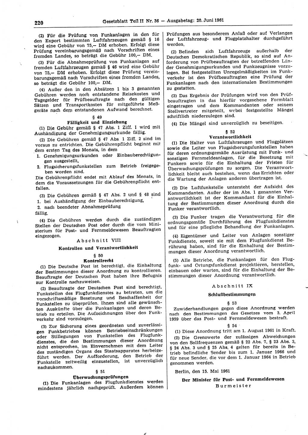 Gesetzblatt (GBl.) der Deutschen Demokratischen Republik (DDR) Teil ⅠⅠ 1961, Seite 220 (GBl. DDR ⅠⅠ 1961, S. 220)