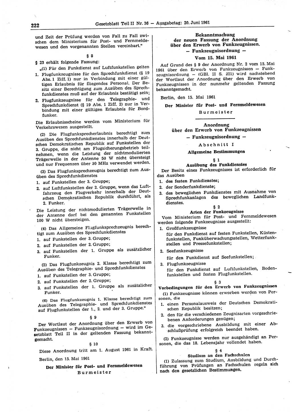 Gesetzblatt (GBl.) der Deutschen Demokratischen Republik (DDR) Teil ⅠⅠ 1961, Seite 222 (GBl. DDR ⅠⅠ 1961, S. 222)