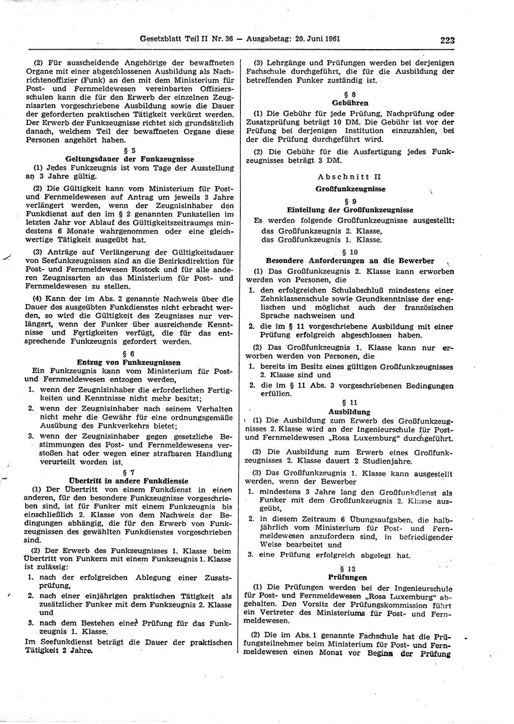 Gesetzblatt (GBl.) der Deutschen Demokratischen Republik (DDR) Teil ⅠⅠ 1961, Seite 223 (GBl. DDR ⅠⅠ 1961, S. 223)