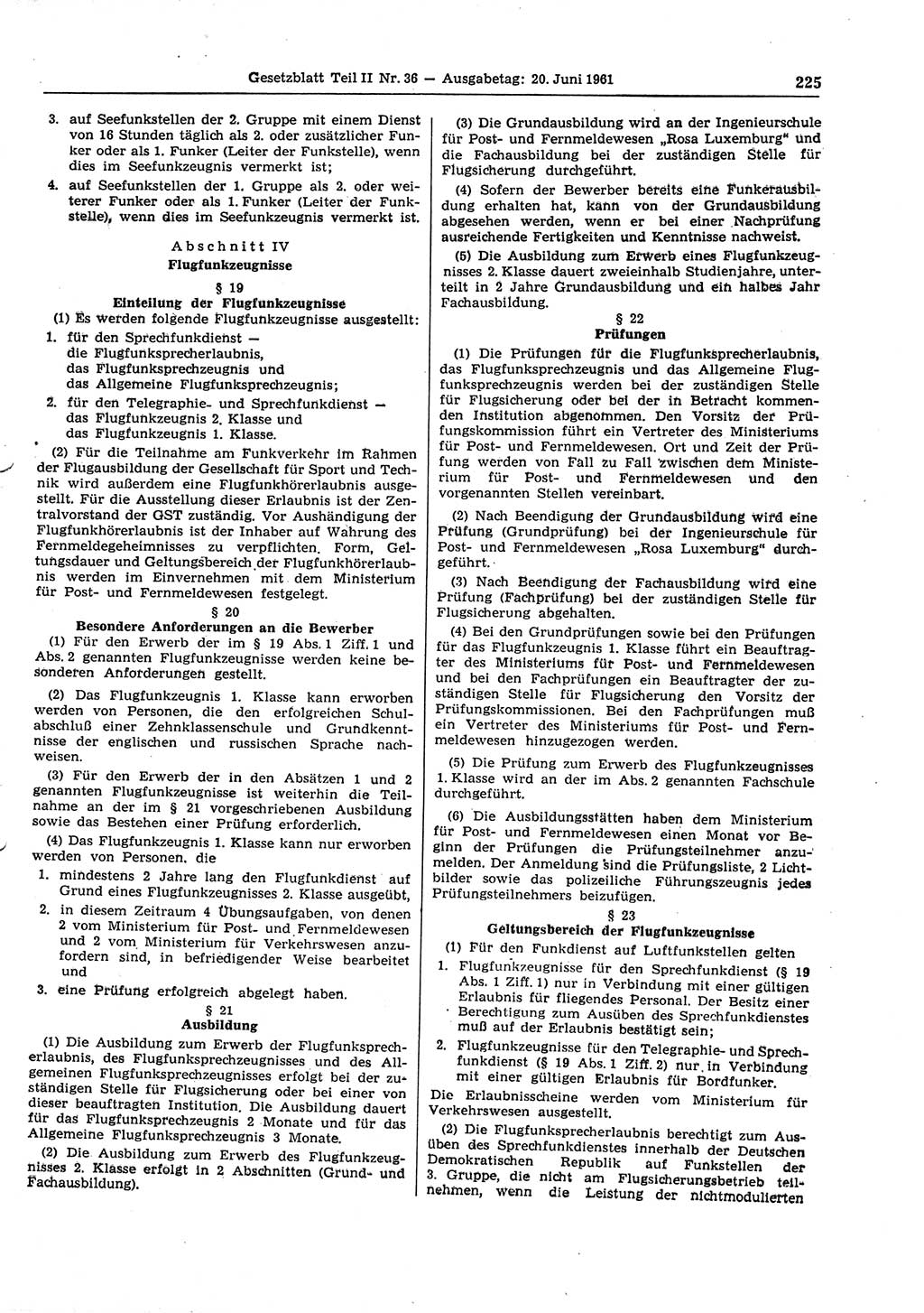 Gesetzblatt (GBl.) der Deutschen Demokratischen Republik (DDR) Teil ⅠⅠ 1961, Seite 225 (GBl. DDR ⅠⅠ 1961, S. 225)