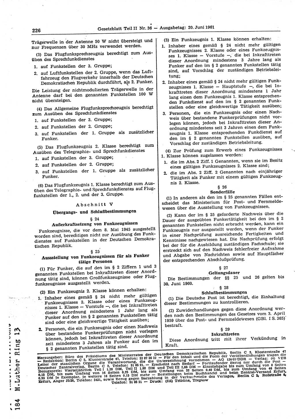 Gesetzblatt (GBl.) der Deutschen Demokratischen Republik (DDR) Teil ⅠⅠ 1961, Seite 226 (GBl. DDR ⅠⅠ 1961, S. 226)
