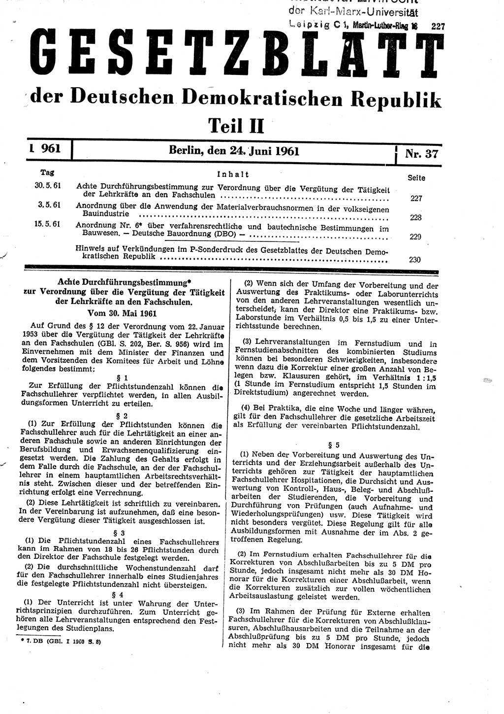 Gesetzblatt (GBl.) der Deutschen Demokratischen Republik (DDR) Teil ⅠⅠ 1961, Seite 227 (GBl. DDR ⅠⅠ 1961, S. 227)