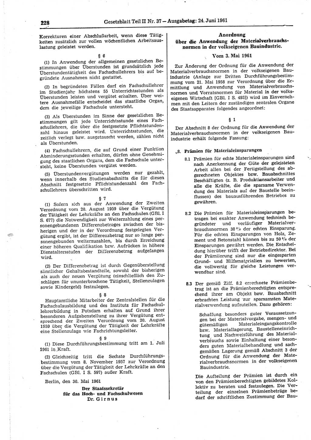 Gesetzblatt (GBl.) der Deutschen Demokratischen Republik (DDR) Teil ⅠⅠ 1961, Seite 228 (GBl. DDR ⅠⅠ 1961, S. 228)