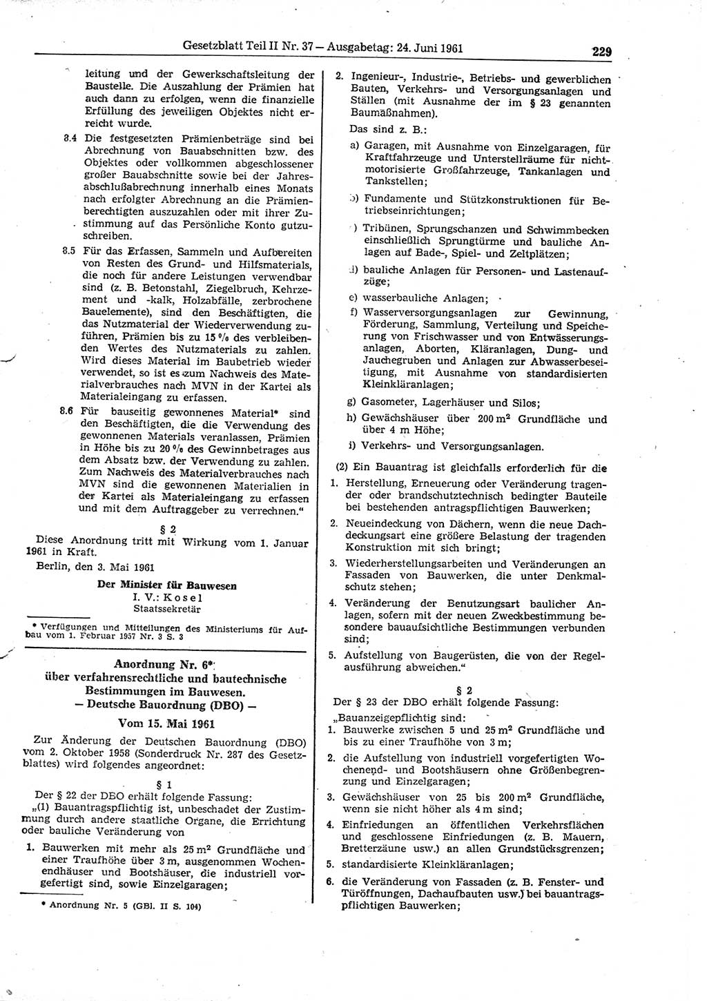 Gesetzblatt (GBl.) der Deutschen Demokratischen Republik (DDR) Teil ⅠⅠ 1961, Seite 229 (GBl. DDR ⅠⅠ 1961, S. 229)