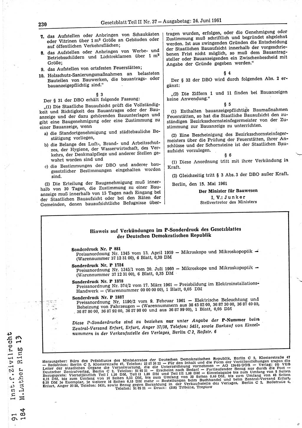 Gesetzblatt (GBl.) der Deutschen Demokratischen Republik (DDR) Teil ⅠⅠ 1961, Seite 230 (GBl. DDR ⅠⅠ 1961, S. 230)