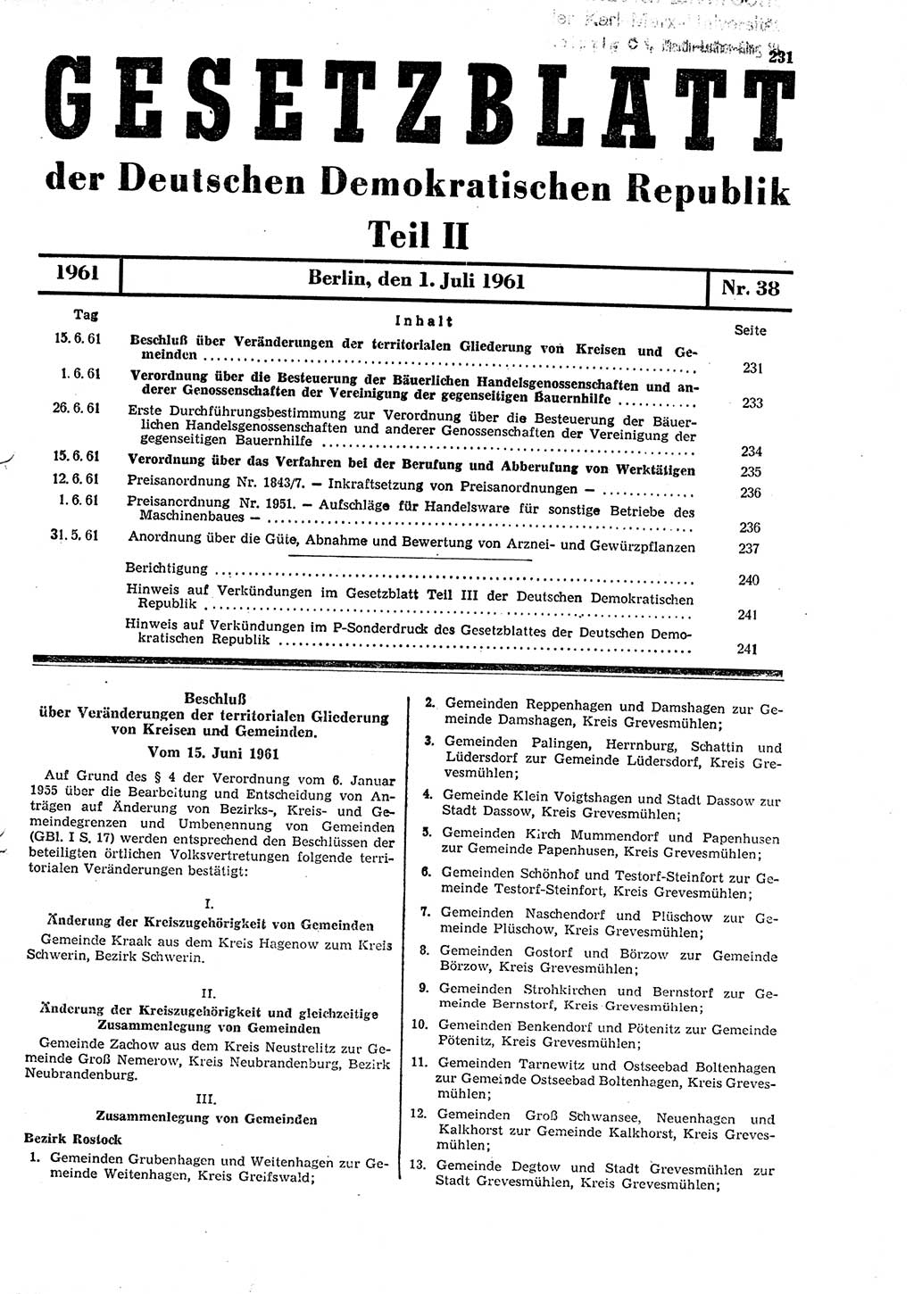 Gesetzblatt (GBl.) der Deutschen Demokratischen Republik (DDR) Teil ⅠⅠ 1961, Seite 231 (GBl. DDR ⅠⅠ 1961, S. 231)