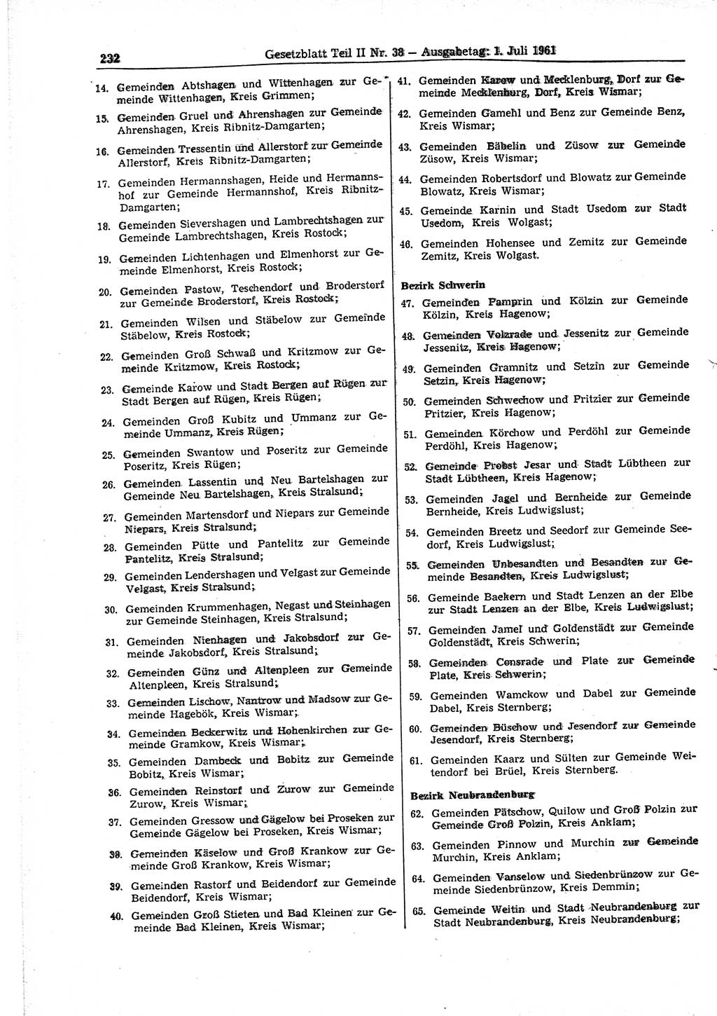 Gesetzblatt (GBl.) der Deutschen Demokratischen Republik (DDR) Teil ⅠⅠ 1961, Seite 232 (GBl. DDR ⅠⅠ 1961, S. 232)