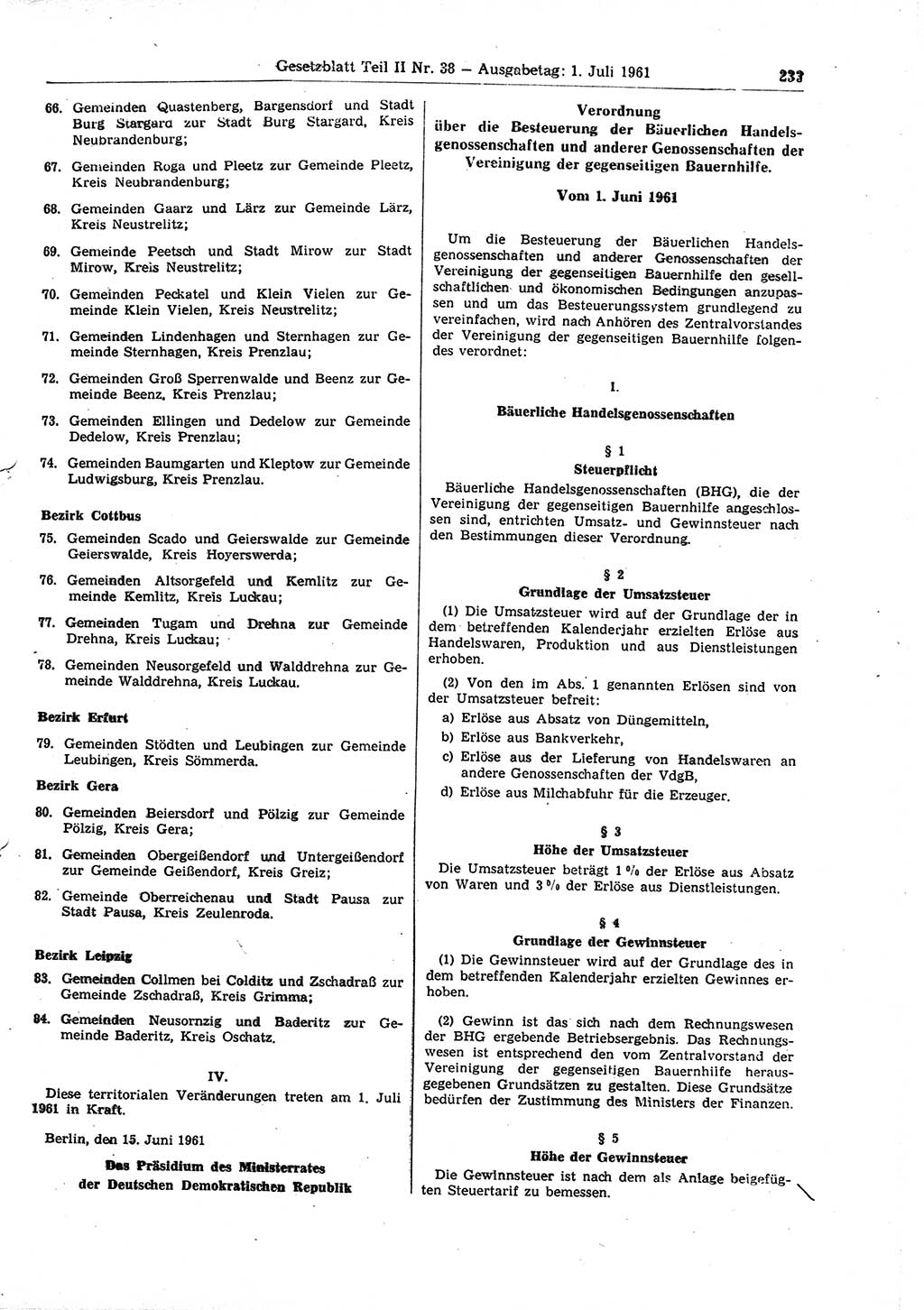Gesetzblatt (GBl.) der Deutschen Demokratischen Republik (DDR) Teil ⅠⅠ 1961, Seite 233 (GBl. DDR ⅠⅠ 1961, S. 233)