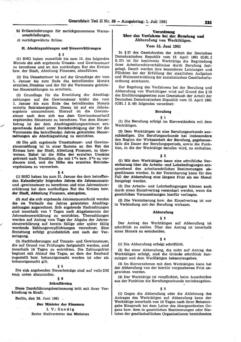 Gesetzblatt (GBl.) der Deutschen Demokratischen Republik (DDR) Teil ⅠⅠ 1961, Seite 235 (GBl. DDR ⅠⅠ 1961, S. 235)