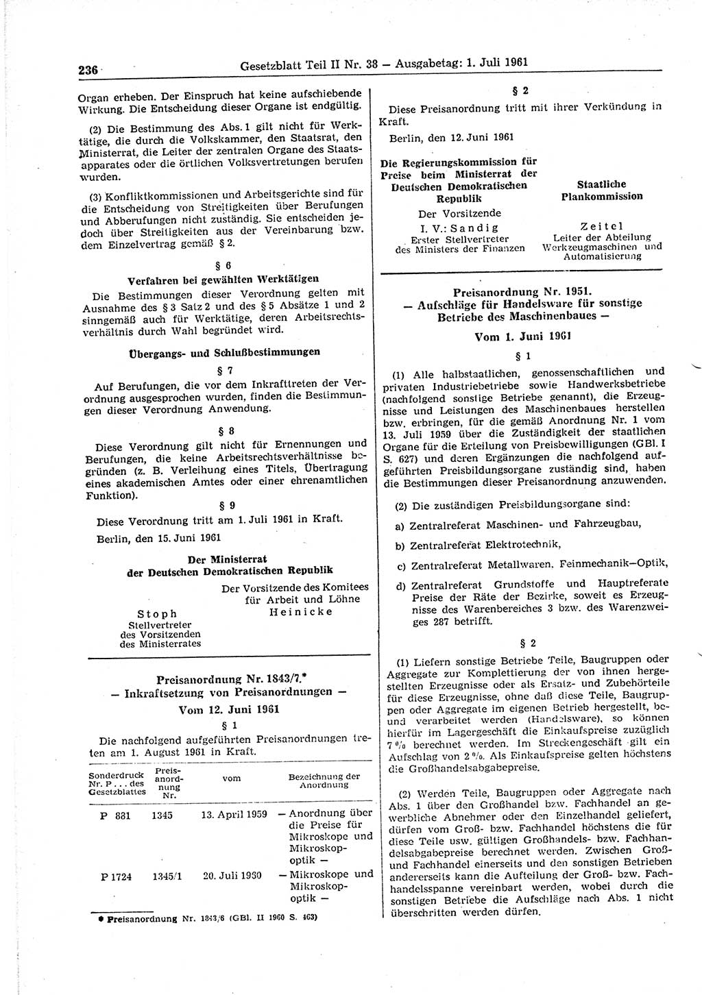 Gesetzblatt (GBl.) der Deutschen Demokratischen Republik (DDR) Teil ⅠⅠ 1961, Seite 236 (GBl. DDR ⅠⅠ 1961, S. 236)