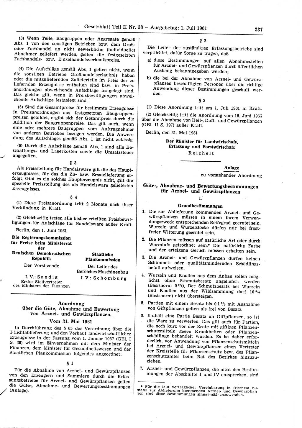 Gesetzblatt (GBl.) der Deutschen Demokratischen Republik (DDR) Teil ⅠⅠ 1961, Seite 237 (GBl. DDR ⅠⅠ 1961, S. 237)