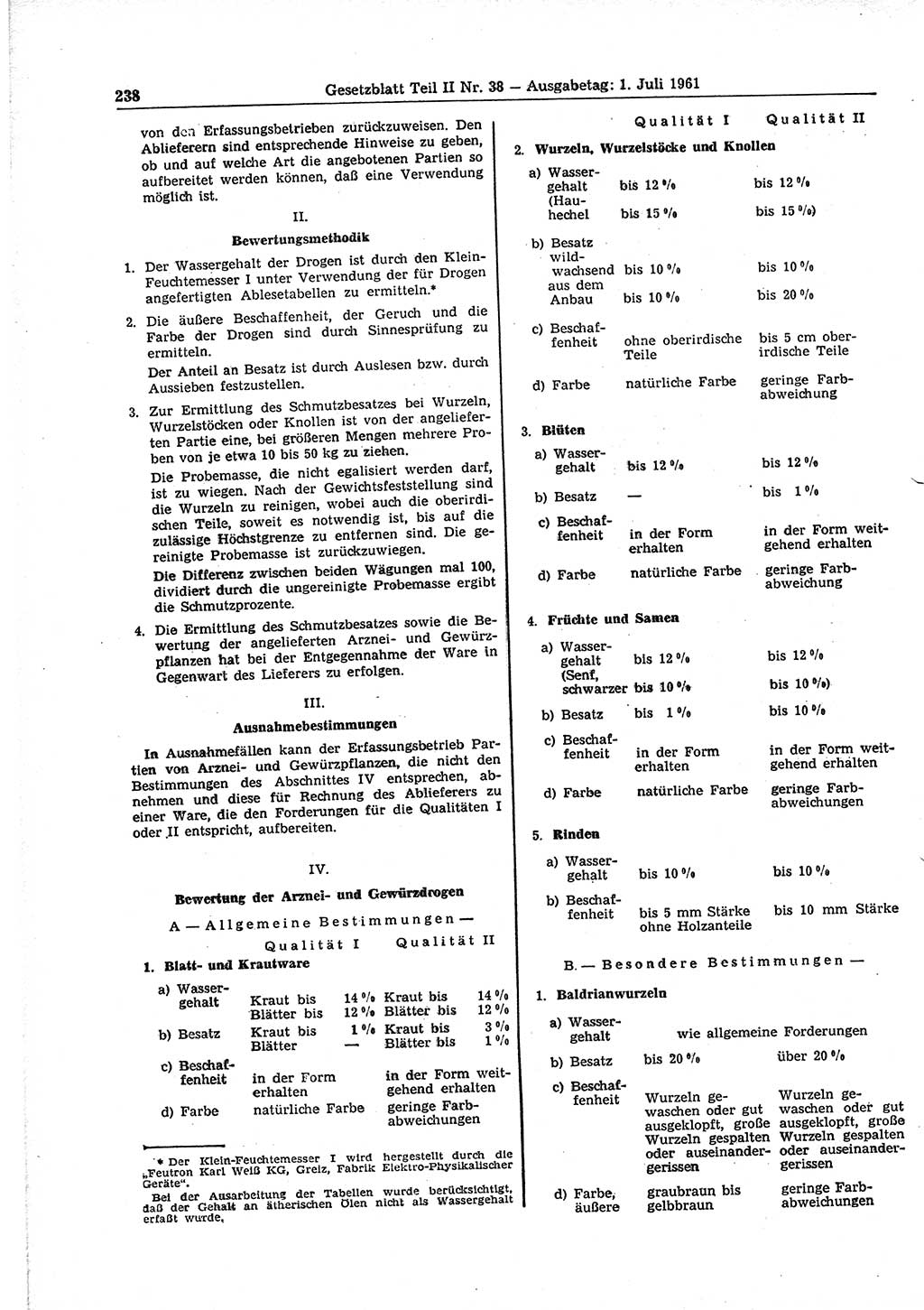 Gesetzblatt (GBl.) der Deutschen Demokratischen Republik (DDR) Teil ⅠⅠ 1961, Seite 238 (GBl. DDR ⅠⅠ 1961, S. 238)
