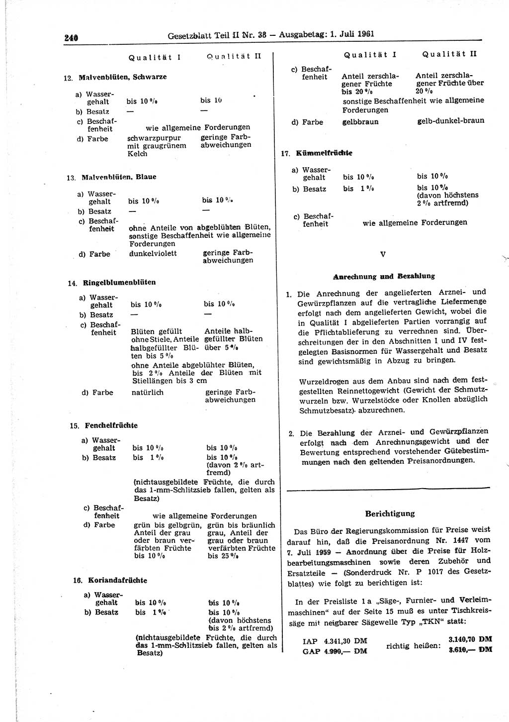 Gesetzblatt (GBl.) der Deutschen Demokratischen Republik (DDR) Teil ⅠⅠ 1961, Seite 240 (GBl. DDR ⅠⅠ 1961, S. 240)