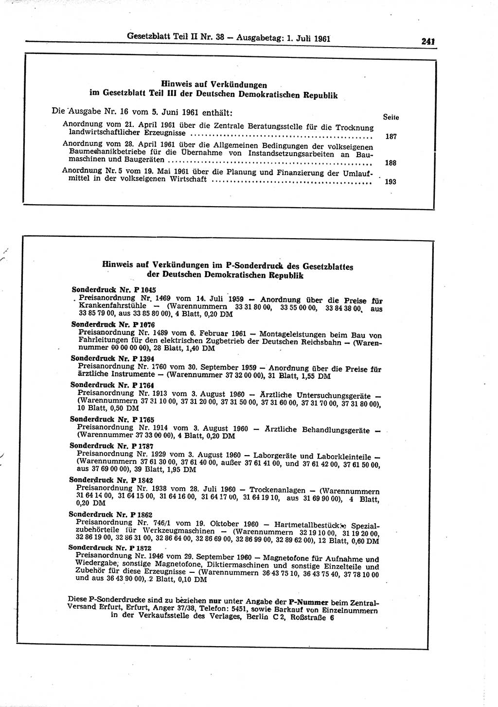 Gesetzblatt (GBl.) der Deutschen Demokratischen Republik (DDR) Teil ⅠⅠ 1961, Seite 241 (GBl. DDR ⅠⅠ 1961, S. 241)